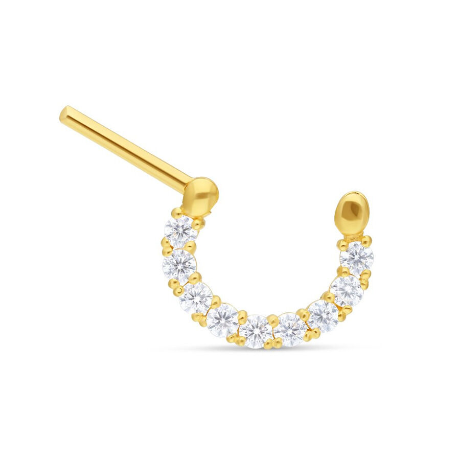 Brillante 18K Gold Septum Clicker con cristalli chiari su sfondo bianco