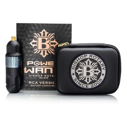 Macchina per tatuaggi Bishop Power Wand Shader nera con custodia su sfondo bianco