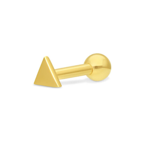 Barbell per orecchio in oro con triangolo e sfera su sfondo bianco
