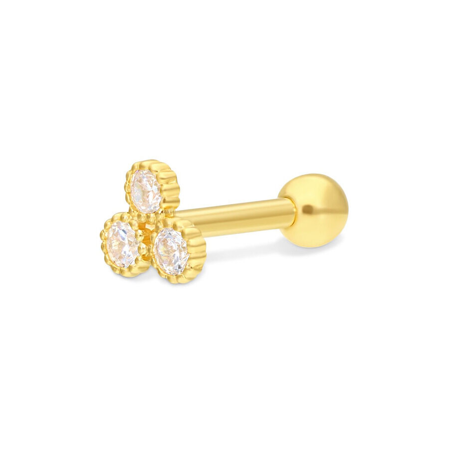 Barbell per orecchio in oro 750 con tre cristalli chiari su sfondo bianco