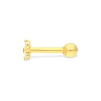 Barbell d'oro per l'orecchio con tre cristalli chiari su sfondo bianco