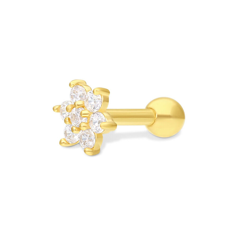 Barbell d'oro per orecchio con decorazione floreale cristallina su sfondo bianco