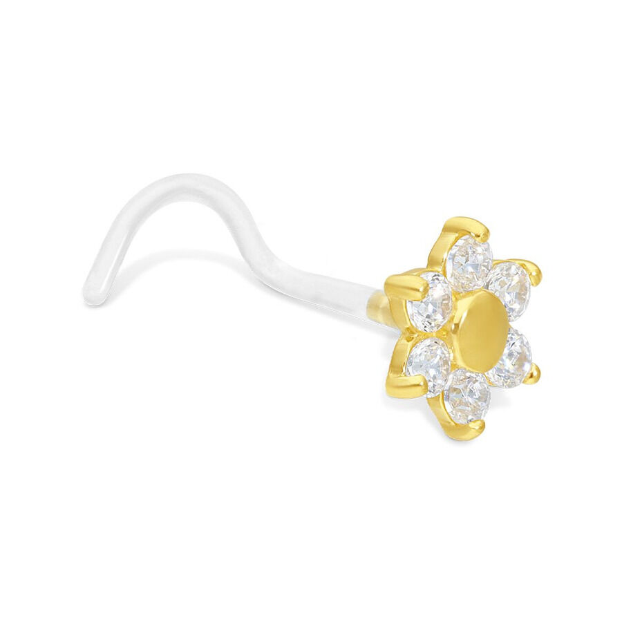 Nasenstecker dorato a forma di fiore con cristalli chiari su sfondo bianco