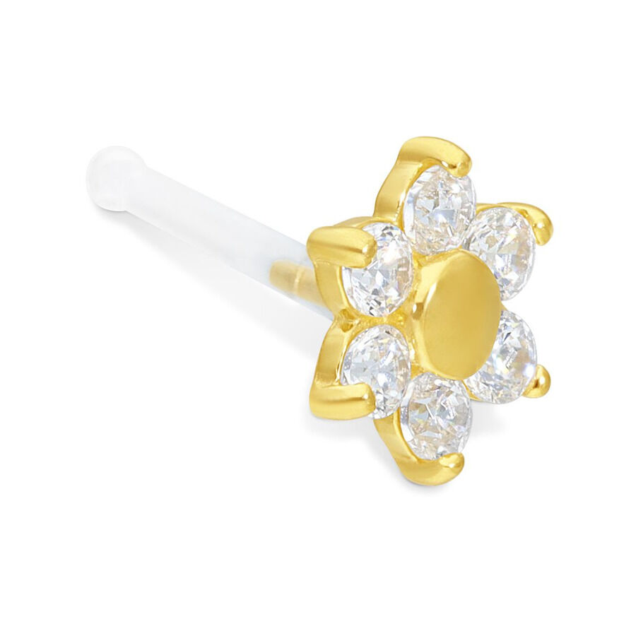 Piercing al naso in oro con cristalli chiari a forma di fiori, asta in Bioplast