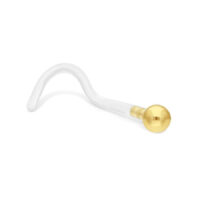 Piercing al naso in Bioplast trasparente con sfera dorata su sfondo bianco
