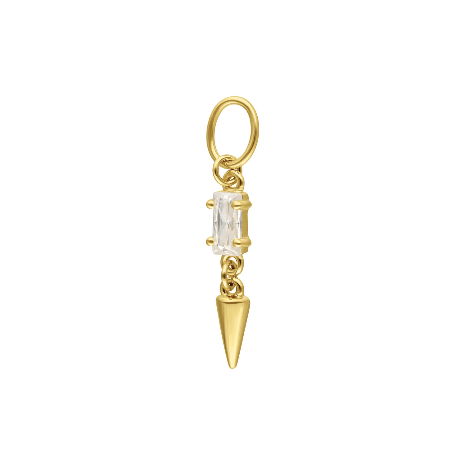 Ciondolo Piercing in Oro 18K con Moissanite Ciondolo piercing dorato con cristallo chiaro e spike su sfondo bianco