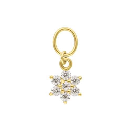 Pendente a forma di fiore in oro 18K con moissanite chiari su sfondo bianco