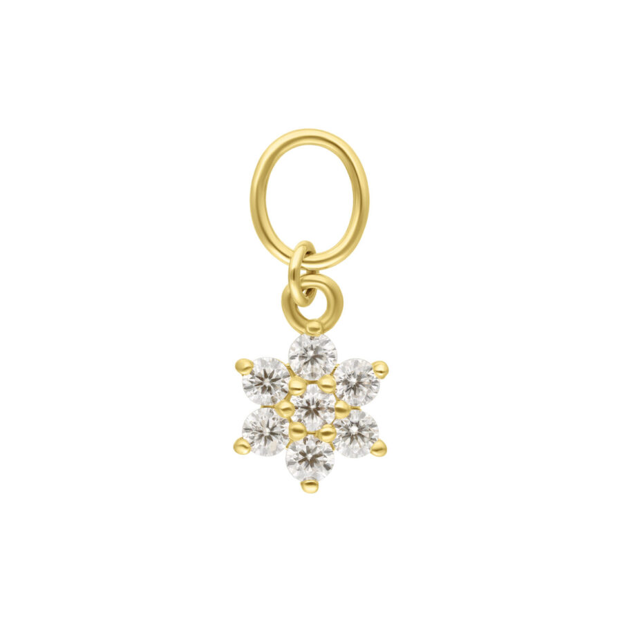Pendente a forma di fiore in oro 18K con moissanite chiari su sfondo bianco