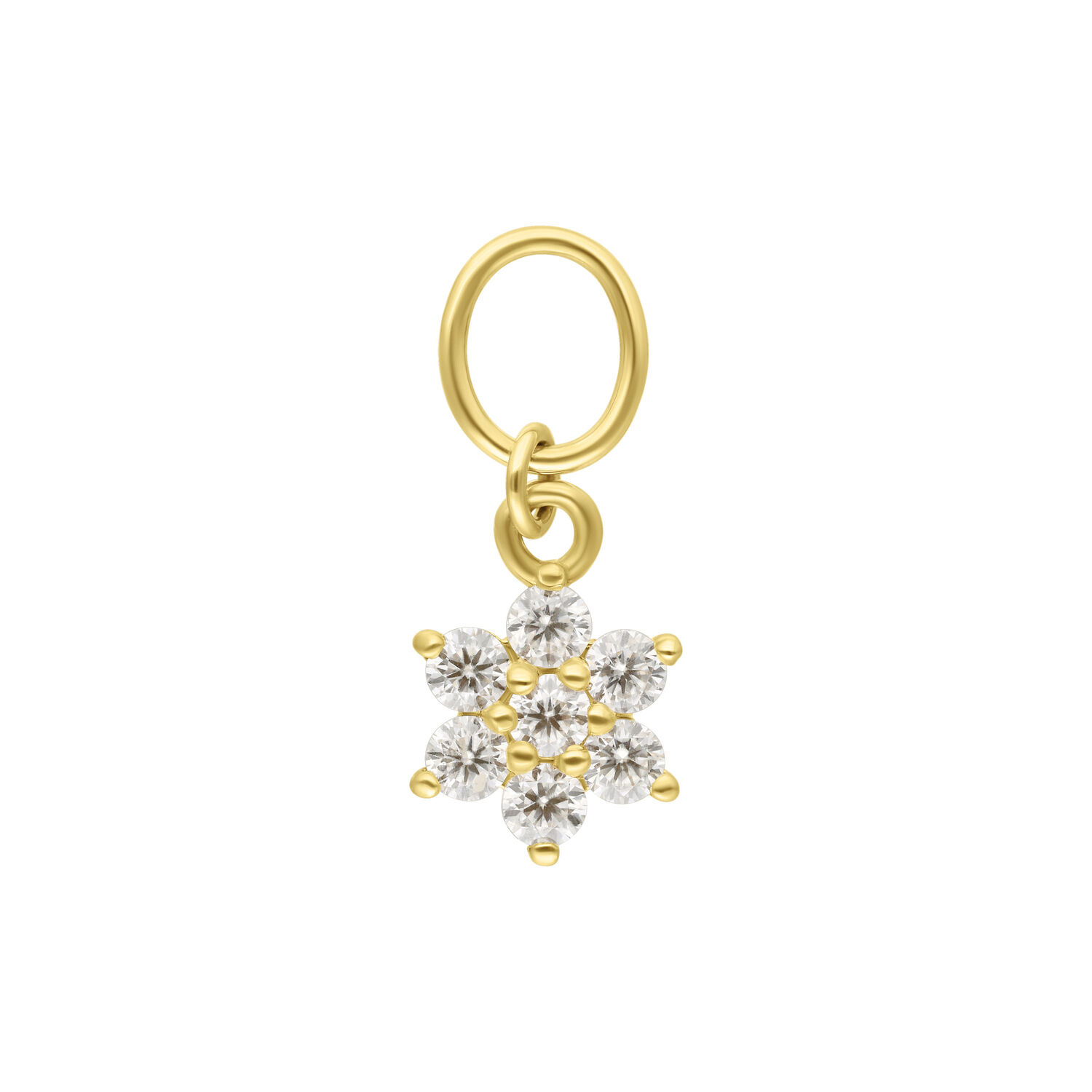 Pendente a forma di fiore in oro 18K con moissanite chiari su sfondo bianco