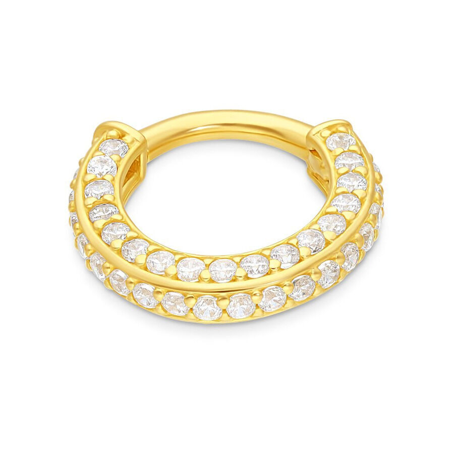 Anello a cerniera triplo gioiello in oro con cristalli chiari su sfondo bianco