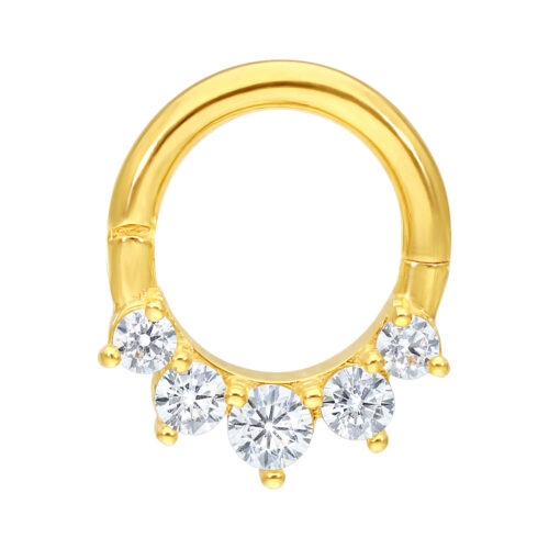 Anello per piercing color oro in oro 18K con cinque cristalli chiari su sfondo bianco