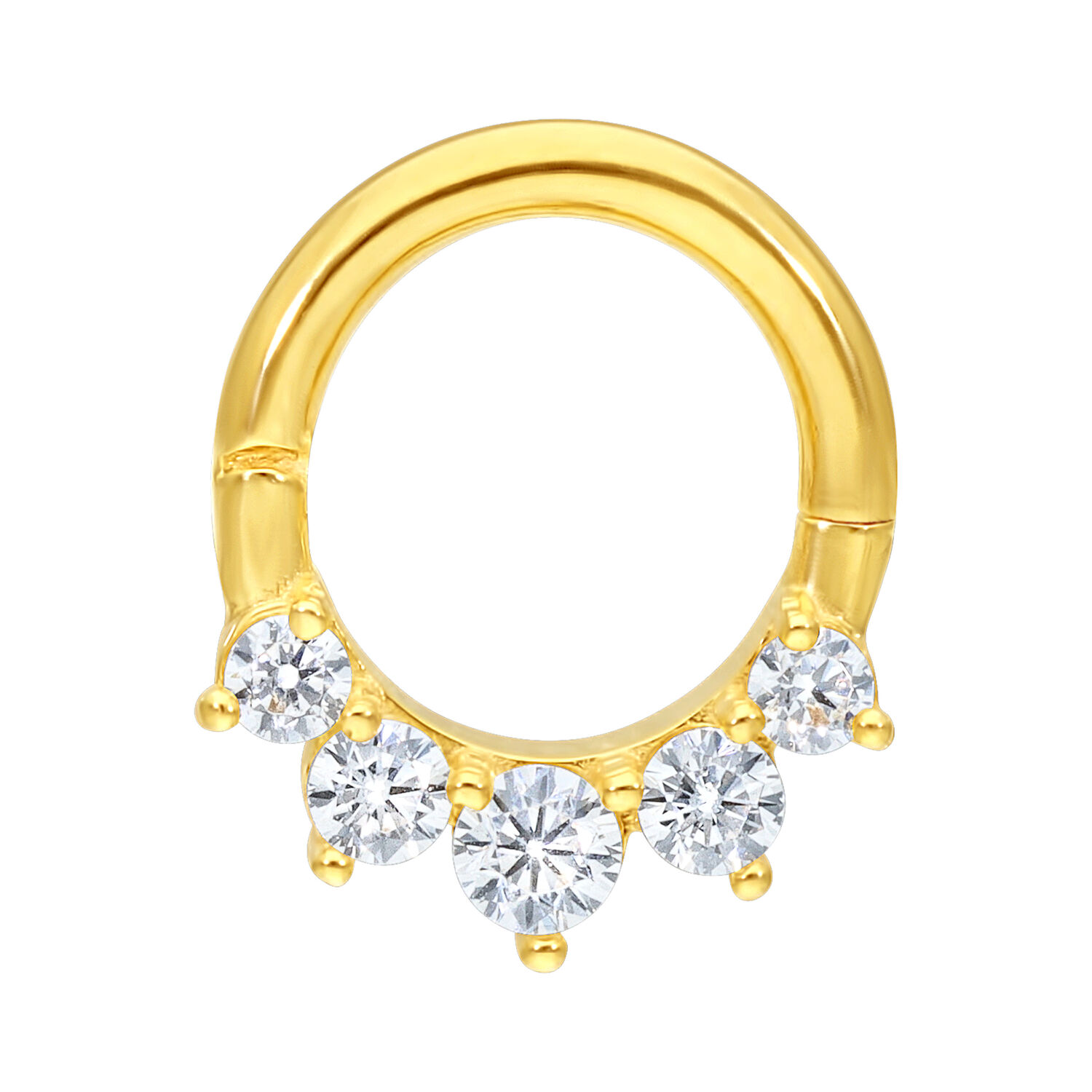 Anello per piercing color oro in oro 18K con cinque cristalli chiari su sfondo bianco