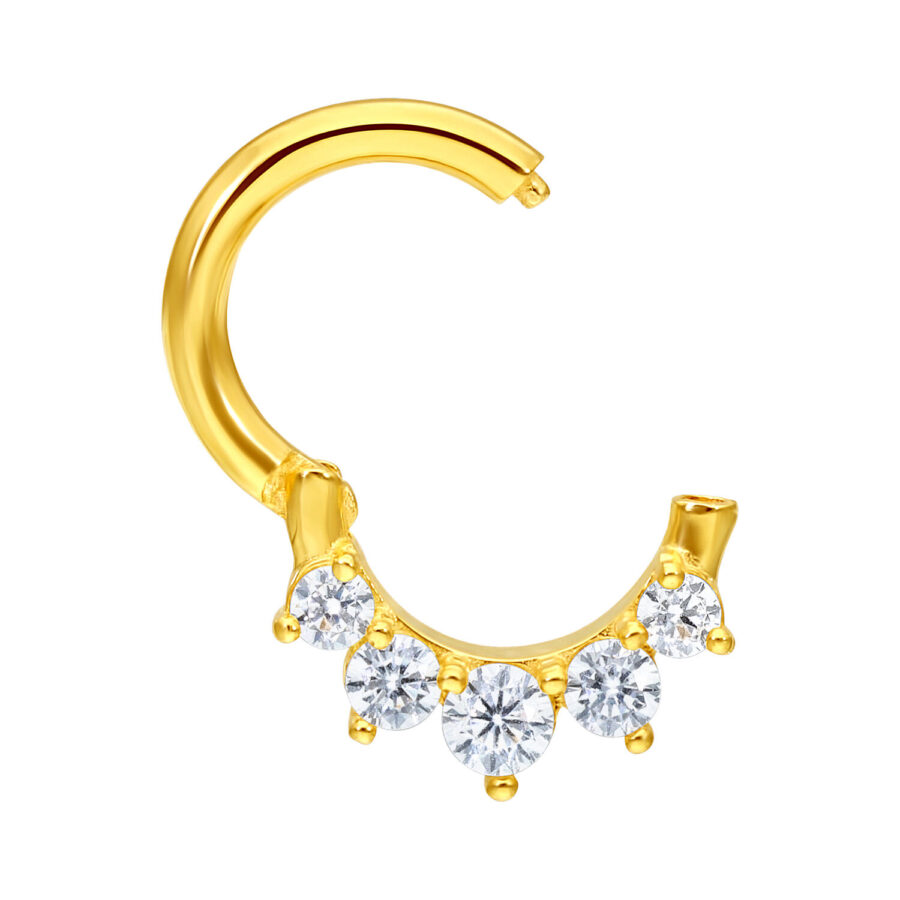 Anello piercing in oro 18K lucente con cristalli chiari su sfondo bianco