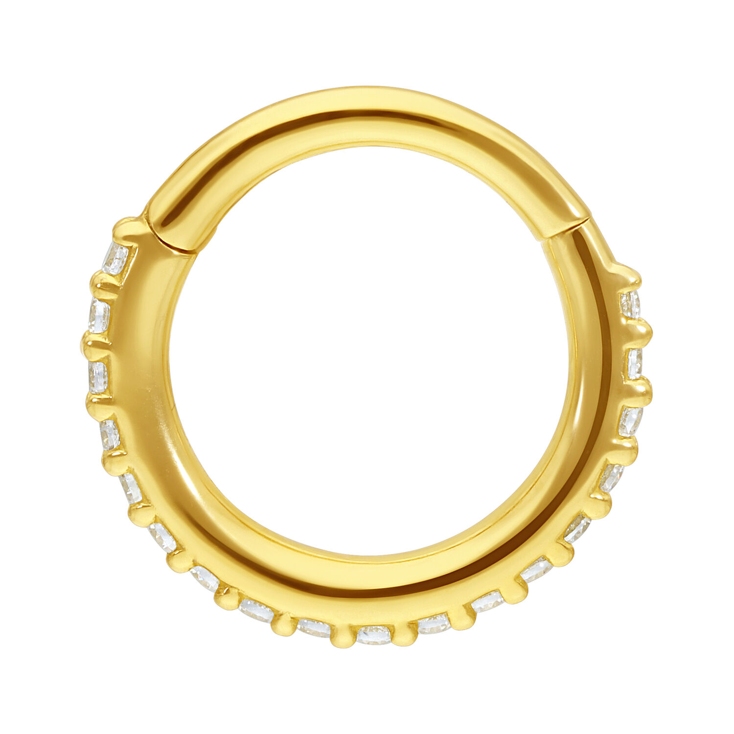 Anello piercing in oro 18K con cristalli chiari su sfondo bianco