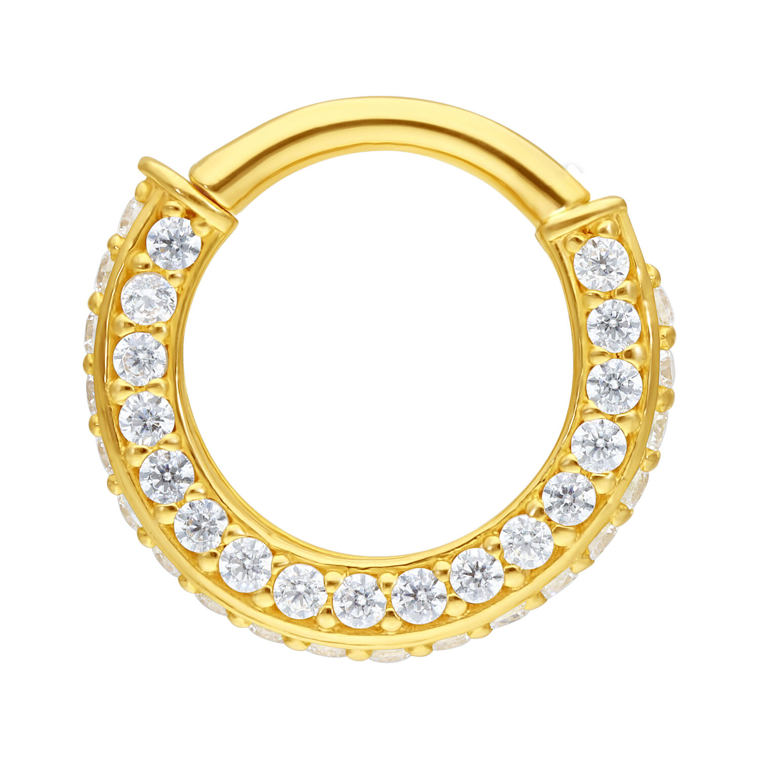 Anello piercing dorato con cristalli chiari su sfondo bianco