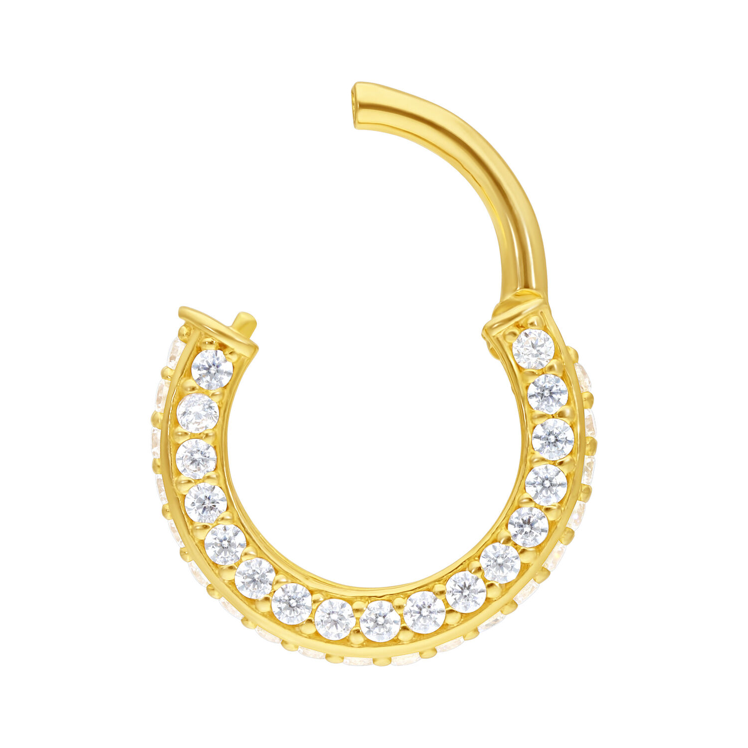 Anello piercing dorato con cristalli chiari su sfondo bianco