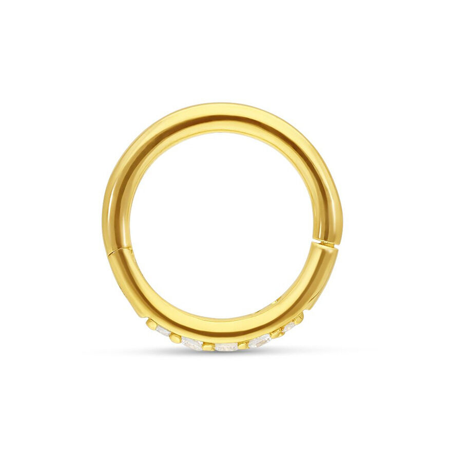 Anello a cerniera in oro 18K con cristalli chiari su sfondo bianco