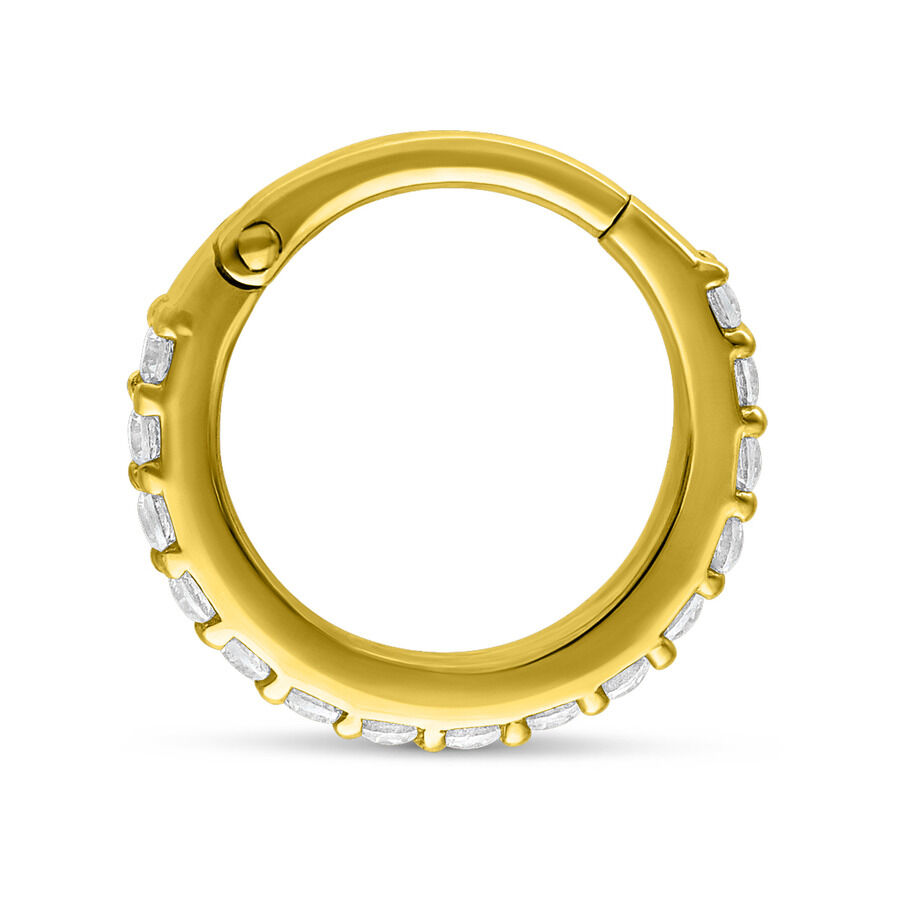 Clicker d'oro con cristalli chiari su sfondo bianco