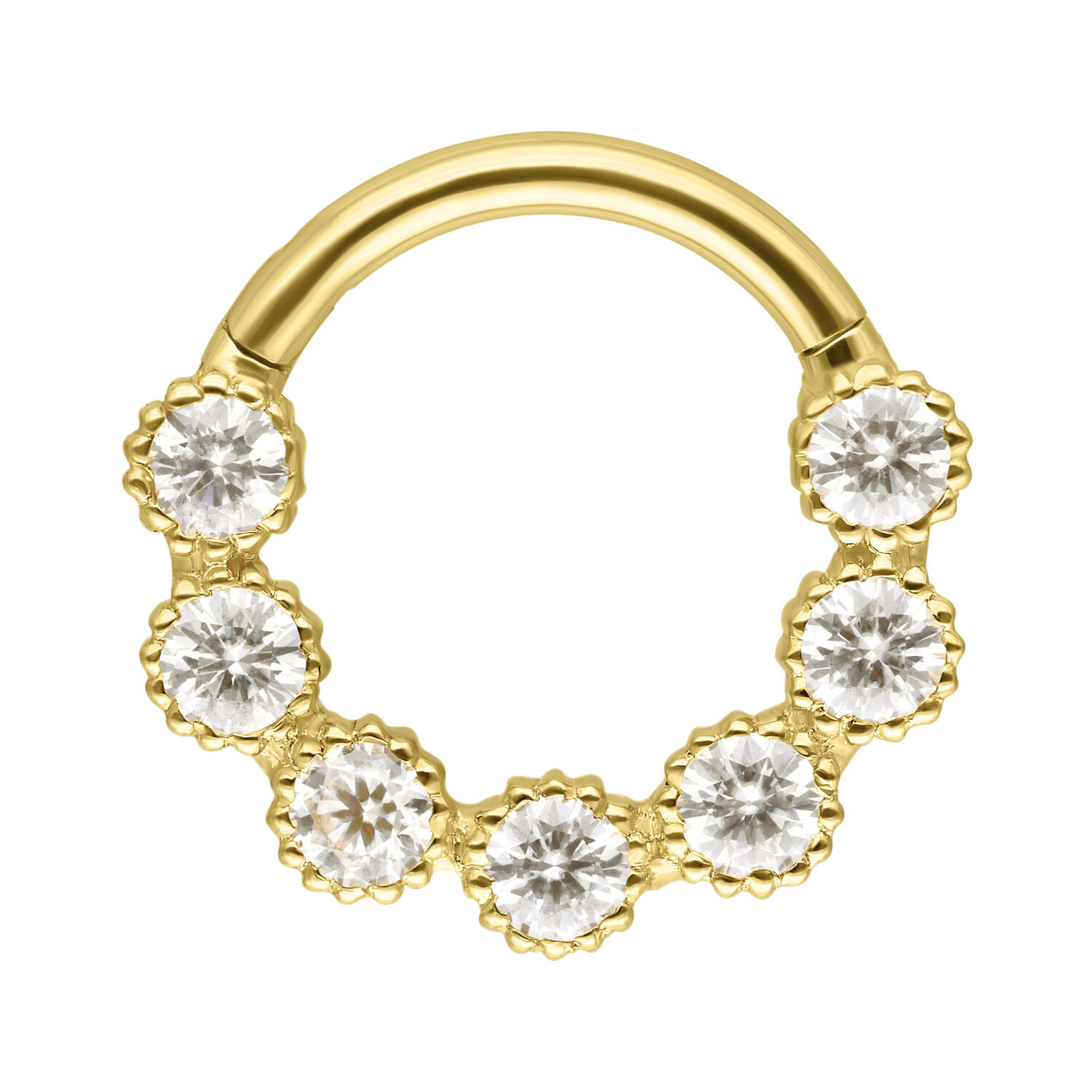 Anello da setto dorato con sette cristalli rotondi di moissanite su sfondo bianco