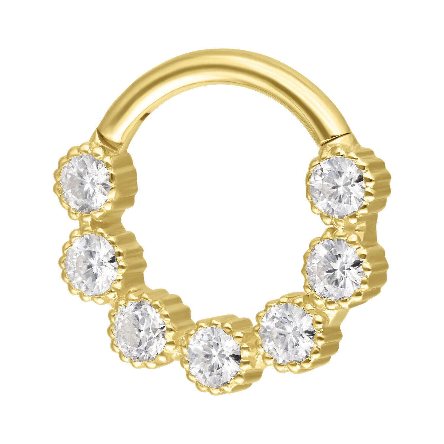 Anello piercing dorato con sette scintillanti pietre di moissanite su sfondo bianco