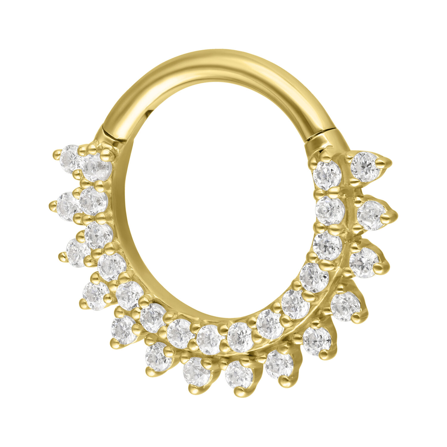 Anello setto dorato con pietre Moissanite su sfondo bianco
