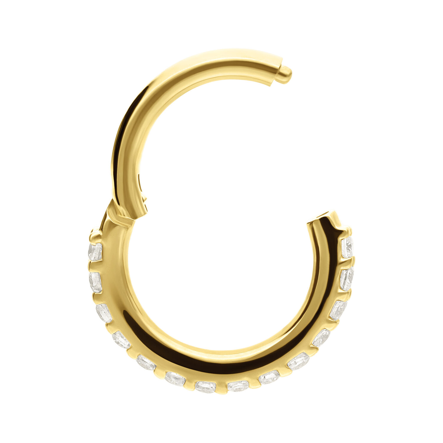 Anello piercing in oro 14K con cristalli di moissanite, sfondo studio