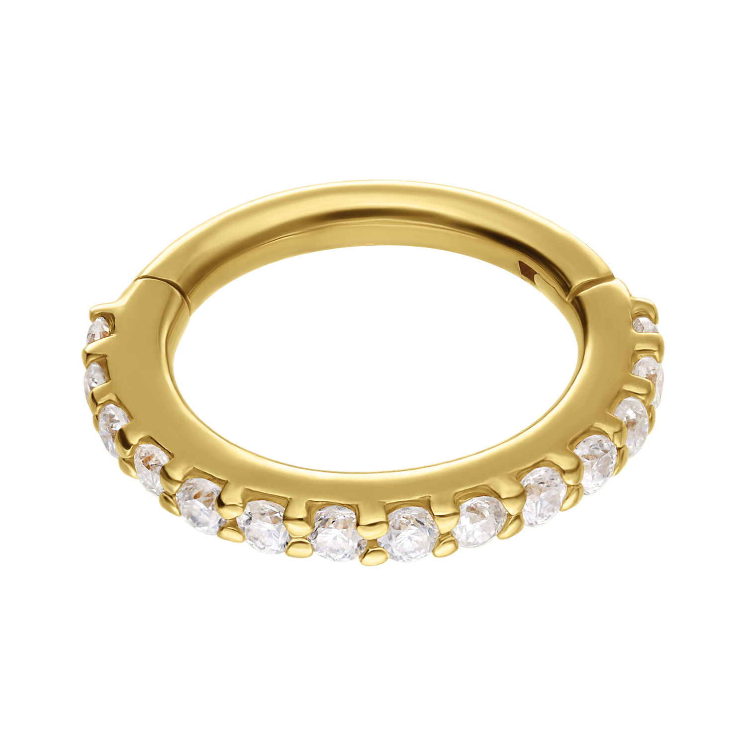 Anello piercing in oro 14K con cristalli di moissanite su sfondo bianco