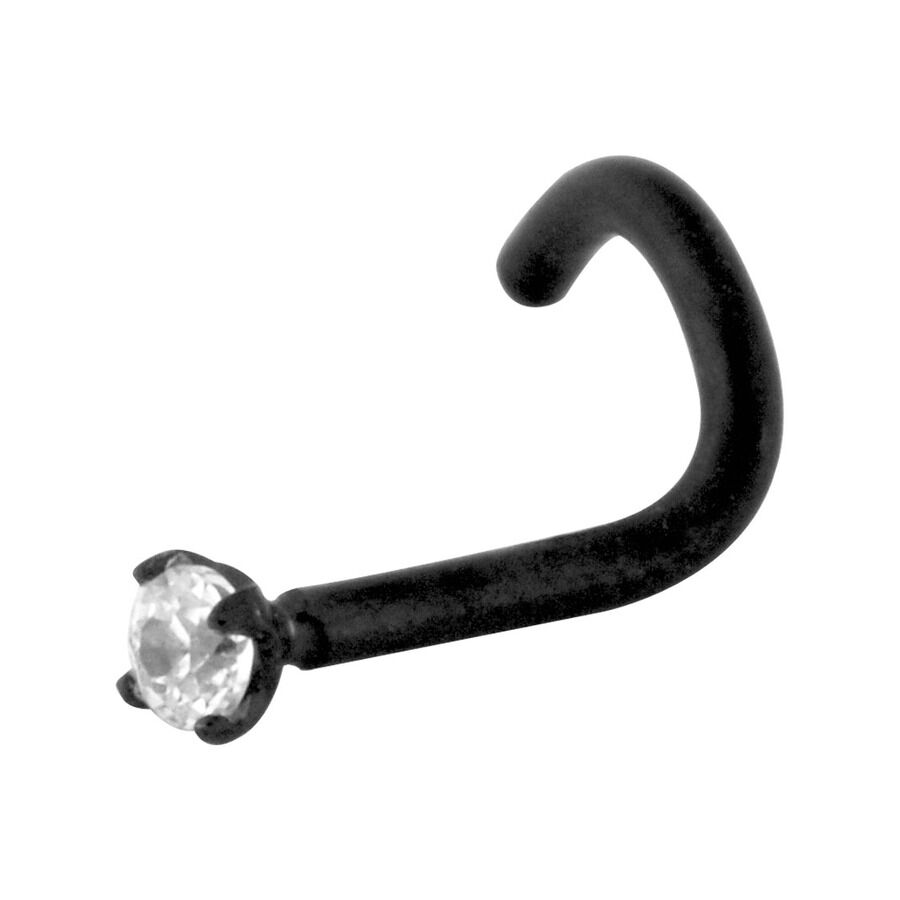 Piercing nasale nero con cristallo trasparente Piercing nasale nero in acciaio chirurgico con cristallo trasparente su sfondo bianco