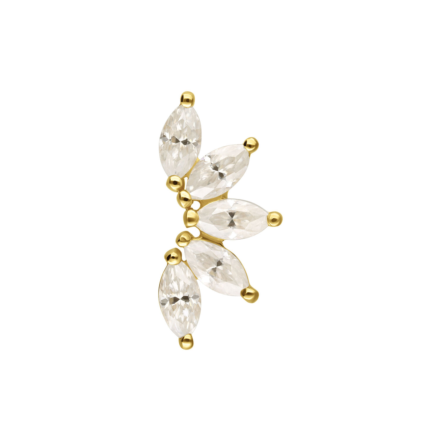 Rankenaufsatz in oro 14K con cristalli di moissanite chiari su sfondo bianco