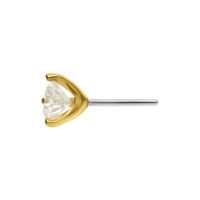 Inserto rotondo in moissanite con montatura in oro 14K su sfondo bianco