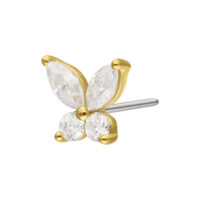 Attacco a Farfalla in Oro 14K con Moissanite Attacco a farfalla dorato con cristalli di moissanite chiari su sfondo bianco