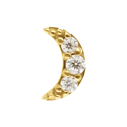 Inserto a forma di luna in oro con tre pietre di moissanite chiare su sfondo bianco