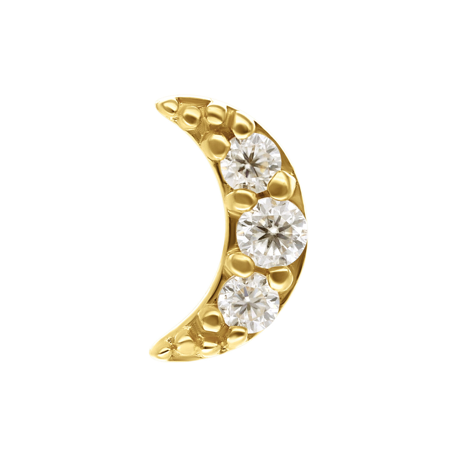 14K Oro Moissanite Luna Inserto Inserto a forma di luna in oro con tre pietre di moissanite chiare su sfondo bianco