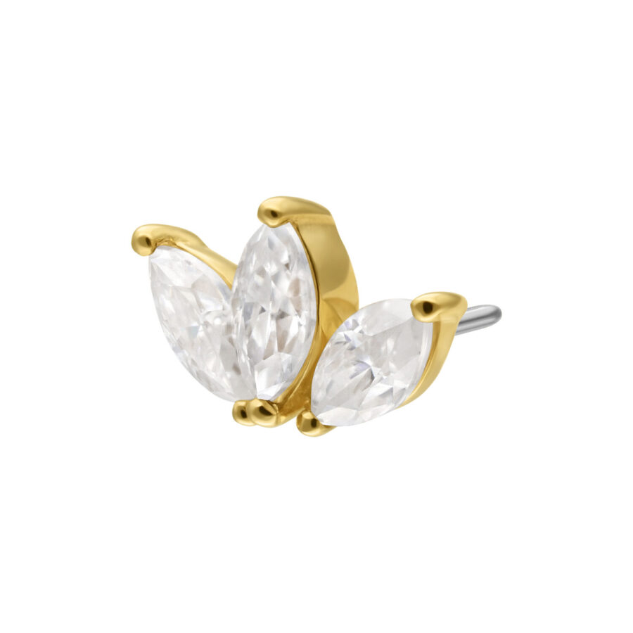 Attacco Lotus dorato con pietre di moissanite chiare su sfondo bianco