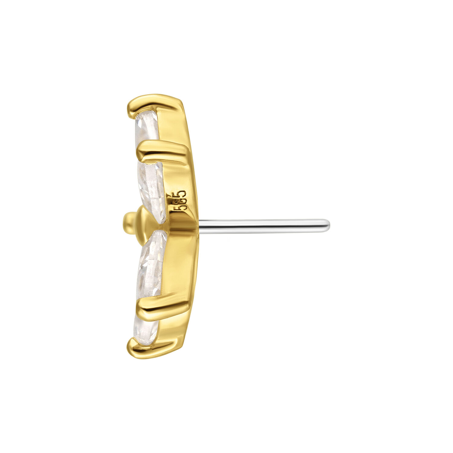 14K Gold Moissanite Fiore Push Fit Vista laterale di un fiore dorato con cristalli chiari su sfondo bianco