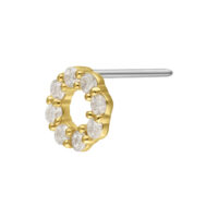 14K Gold Moissanite Corona Inserto Inserto push-fit dorato con cristalli di moissanite chiari su sfondo bianco