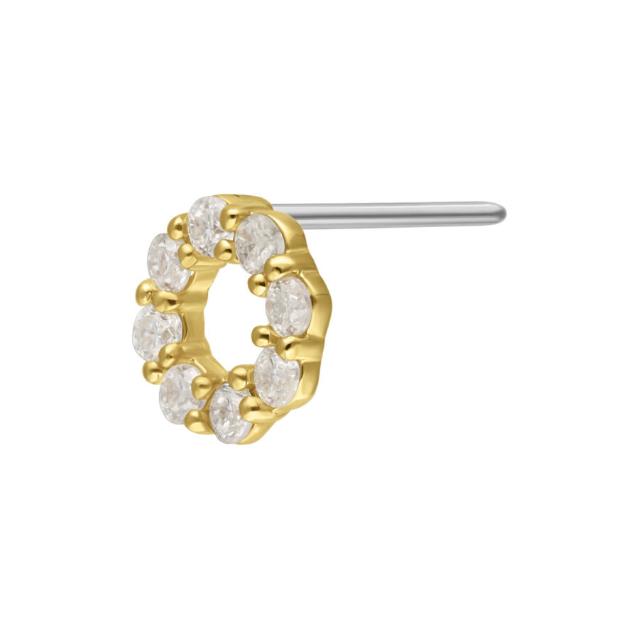 Inserto push-fit dorato con cristalli di moissanite chiari su sfondo bianco