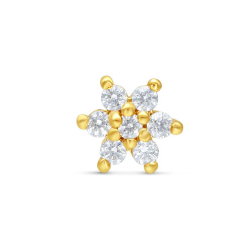 Fiore dorato in oro 14K con cristalli chiari su sfondo bianco