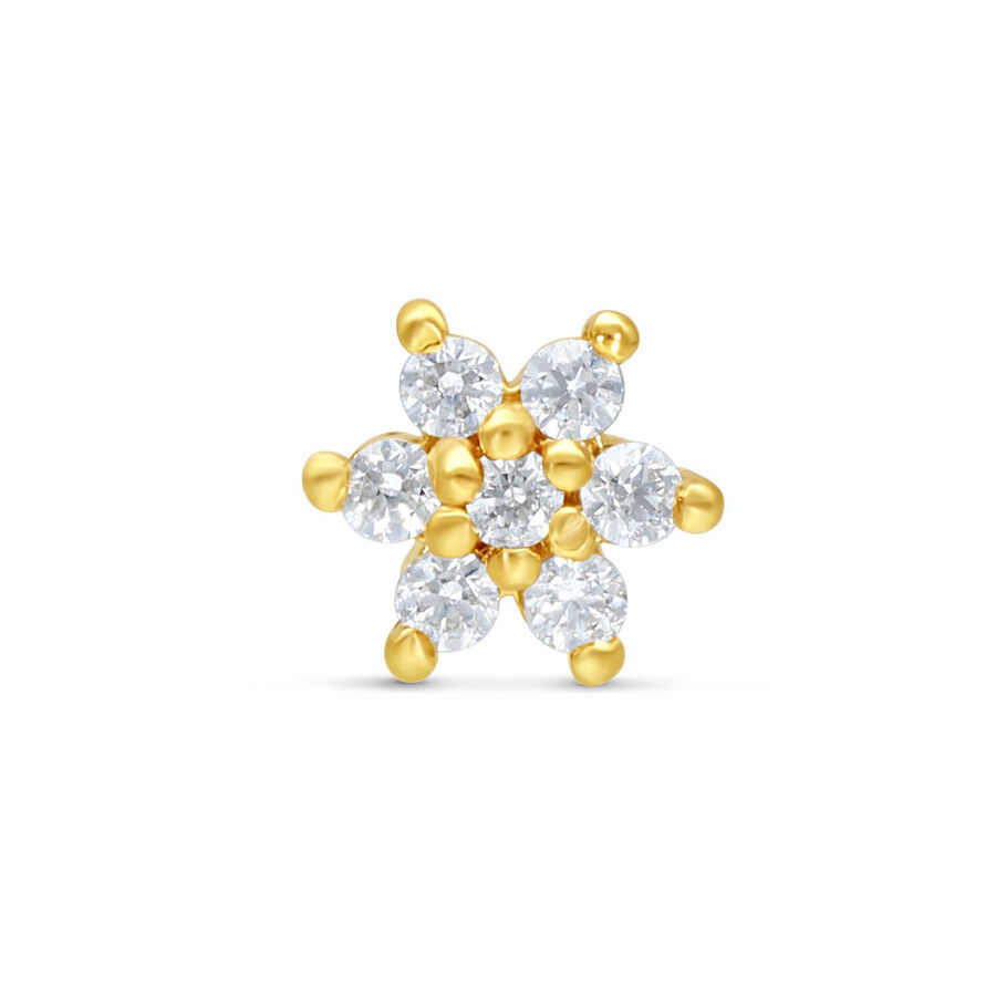 Fiore dorato in oro 14K con cristalli chiari su sfondo bianco
