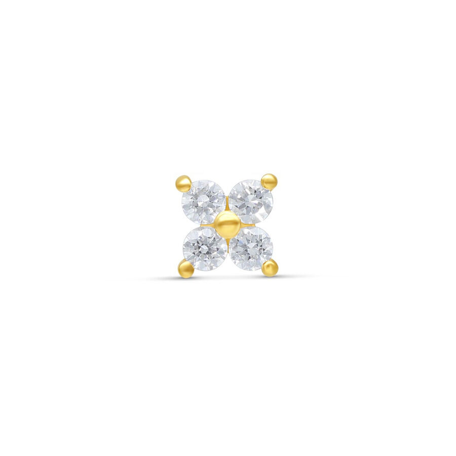 Attacco in oro 14K con quattro cristalli chiari su sfondo bianco