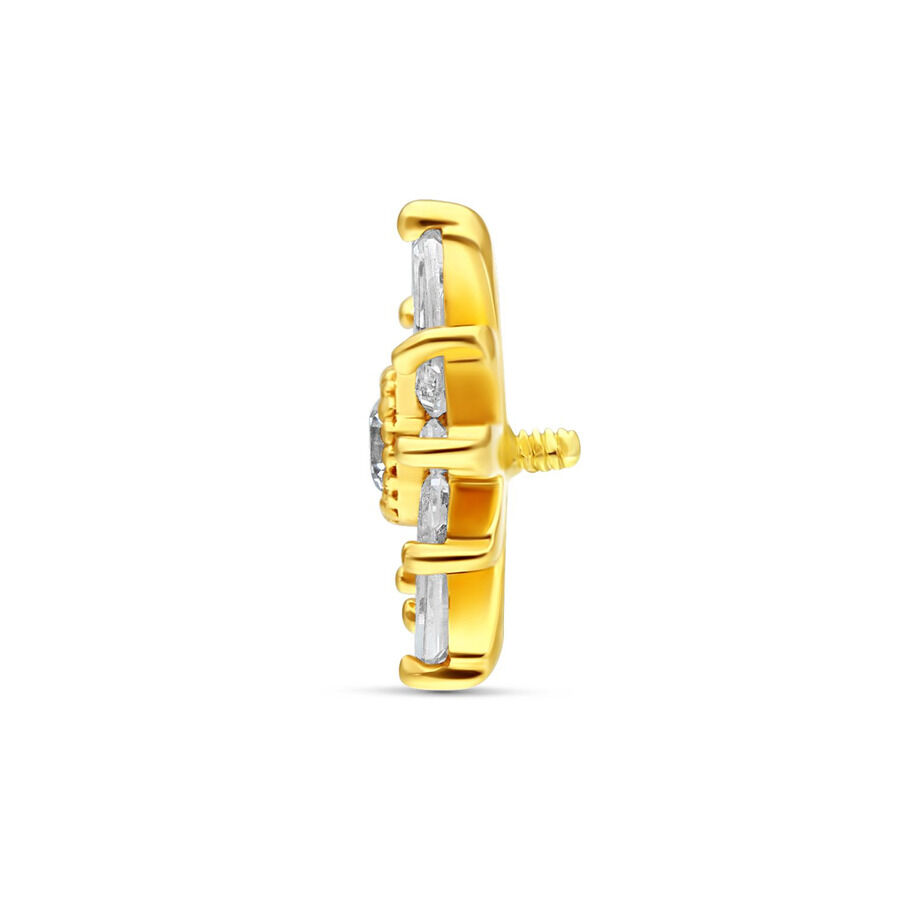 14K Gold Cristallo Stella Attacco Laterale Vista laterale di un attacco a stella in oro 14K con cristallo chiaro su sfondo bianco