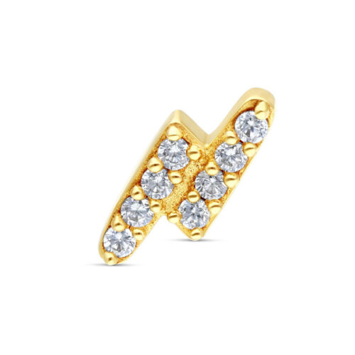 Attacco dorato a forma di fulmine con cristalli chiari su sfondo bianco