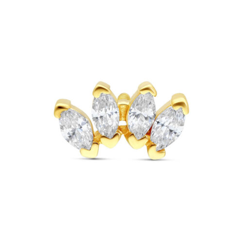 Attacco in oro 14K con quattro cristalli chiari su sfondo bianco