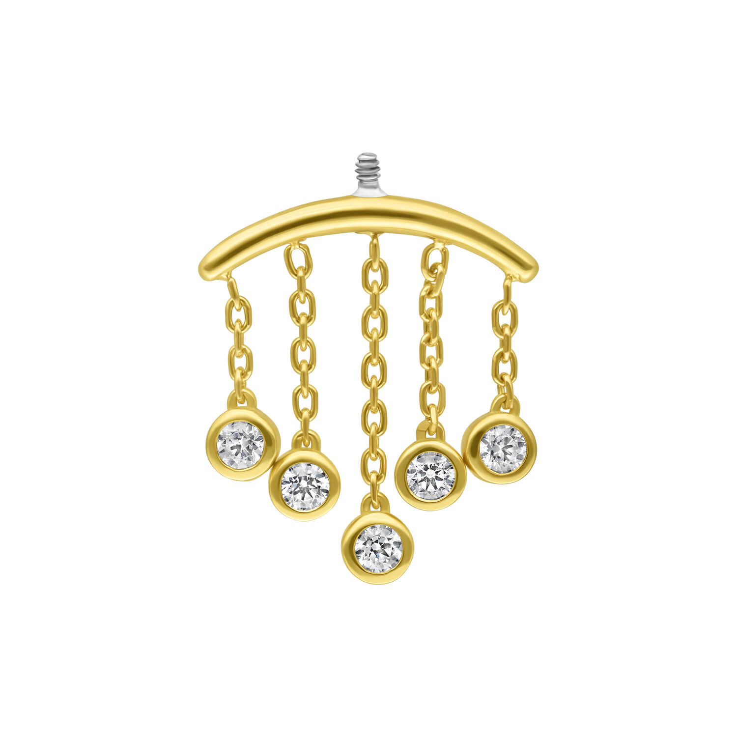 Attacco per piercing helix in oro con cinque cristalli chiari su sfondo bianco
