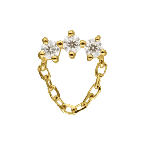 Attacco dorato con tre pietre di moissanite e ciondolo a catena su sfondo bianco