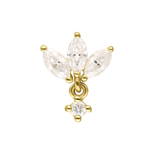 Ciondolo Lotus dorato con tre scintillanti pietre di Moissanite su sfondo bianco