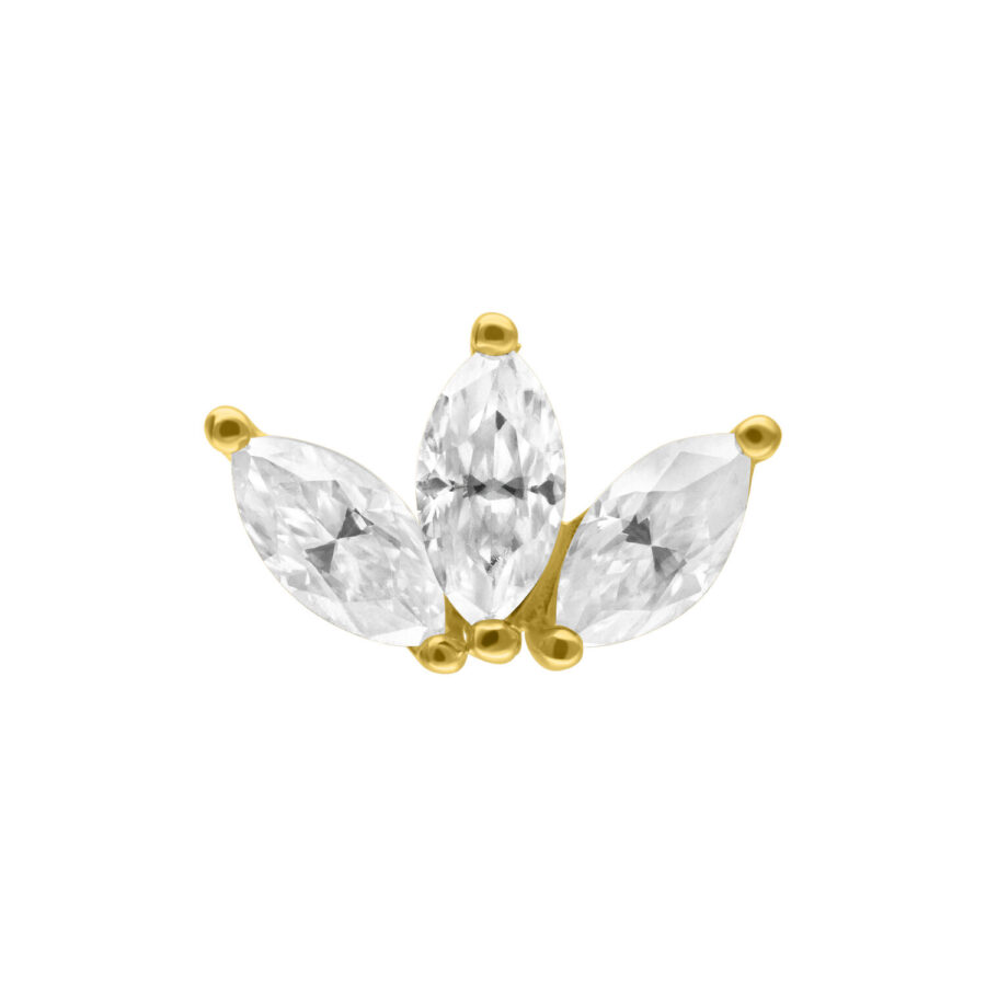 Fiore di loto in oro con tre cristalli scintillanti su sfondo bianco