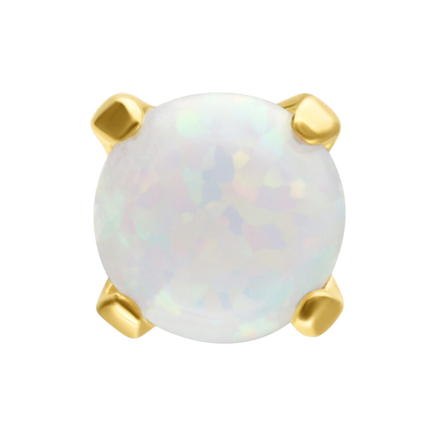 Opale sintetico rotondo in montatura d'oro 14K su sfondo bianco