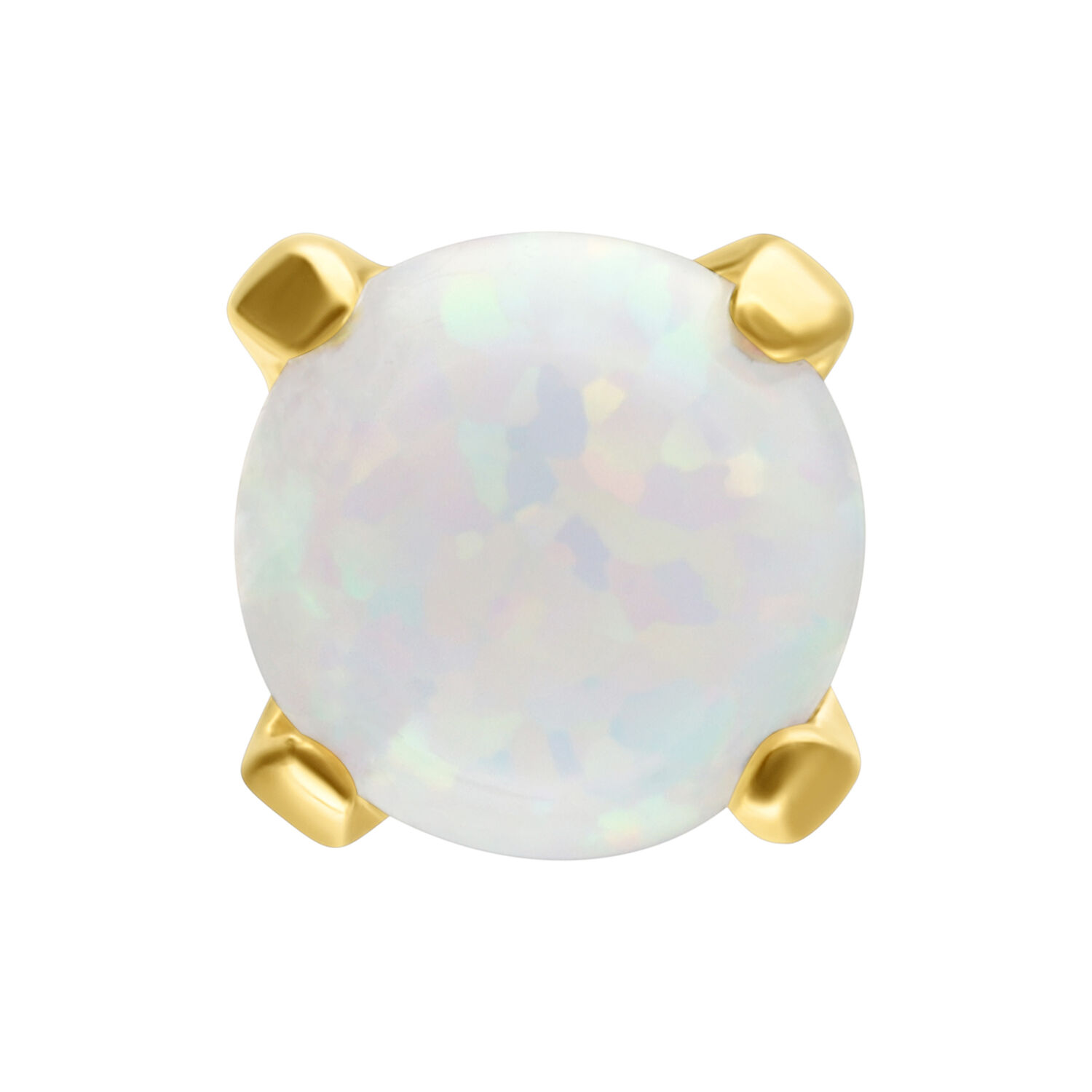Opale sintetico rotondo in montatura d'oro 14K su sfondo bianco