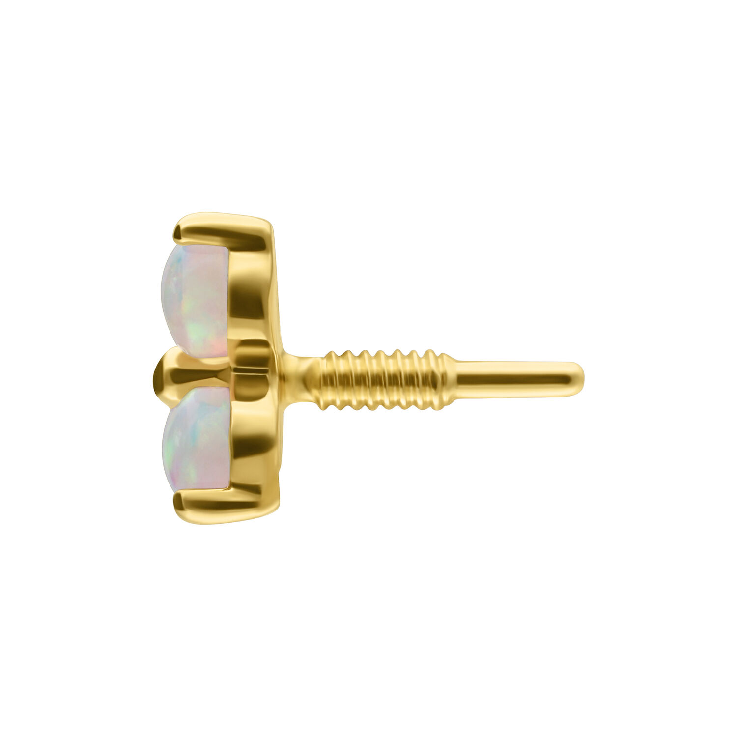 Attacco in oro 14K con tre opali sintetici su sfondo bianco